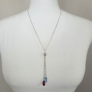 Handmade Silver Drop Pendant Necklace with Blue and Red Drop Crystals